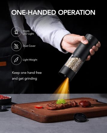 FORLIM Salt and Pepper Grinder Electric, USB Rechargeable Pepper Grinder with LED, with Adjustable Ceramic Grinder Spice Grinder, Lower Noise, 7 Levels of Thickness Adjustable, 2 Pack (Black+White)