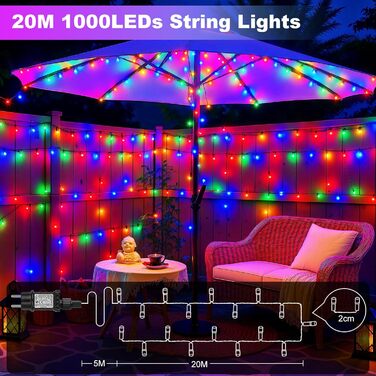 LED гірлянда для прикраси саду, балкону, весілля: 20м, 1000 LED, RGB, 8 режимів, таймер, вологостійка