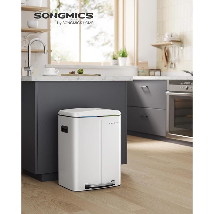 SONGMICS Відро для сміття 40 л з 2 відсіками (2 x 20 л), з педаллю, з металу, з пластиковим внутрішнім відром, з кришкою та ручками, Softclose, герметичне, біле LTB40WT