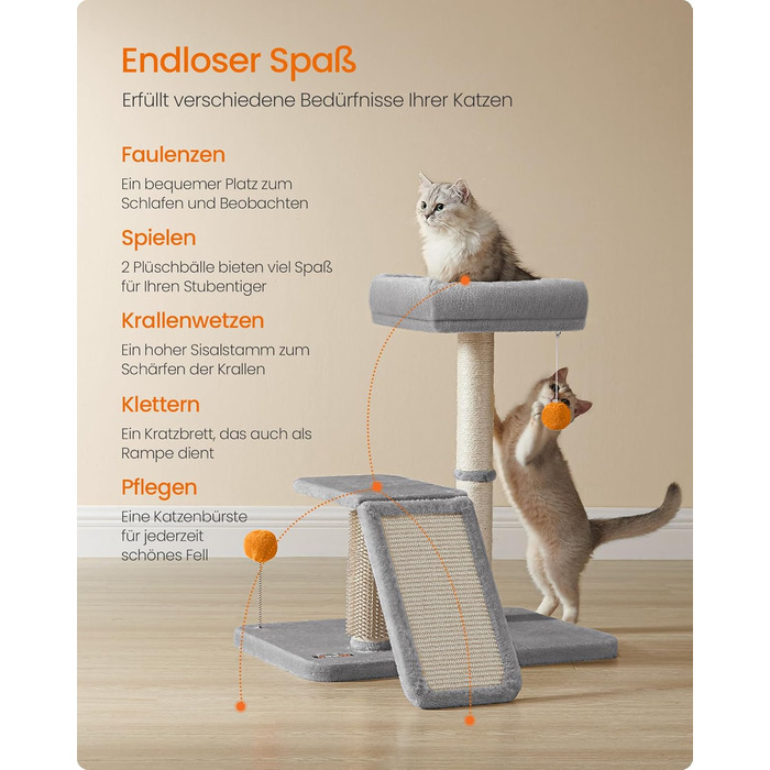 Feandrea Cat Tree with Lounging Area, Multifunctional Cat Tree with Platform, Swivel Ramp, Cat Brush, Plush Balls, Scratching Post, Small Cat Tree, 66.6 cm High, Light Grey PCA024G01