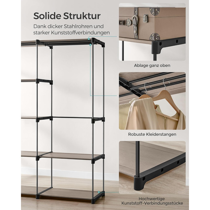 SONGMICS Шафа для одягу, вішалка для одягу, окрема гардеробна, з вішалкою для одягу, вішалка для одягу, полиці з тканини, металевий каркас, 182 x 43 x 182 см, RYG037B02 (Taupe)