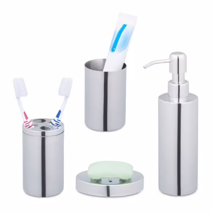Relaxdays 4-Piece Bathroom Set, Shiny Silver