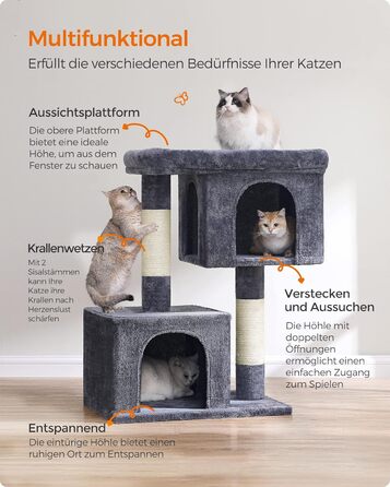 Feandrea Cat Tree, 84 cm Cat Tree, L, Cat House for Large Cats up to 7 kg, Large Platform, 2 Cat Caves, Sisal Posts, PCT61W (XL (68 x 48 x 101 cm), Smoke Gray)