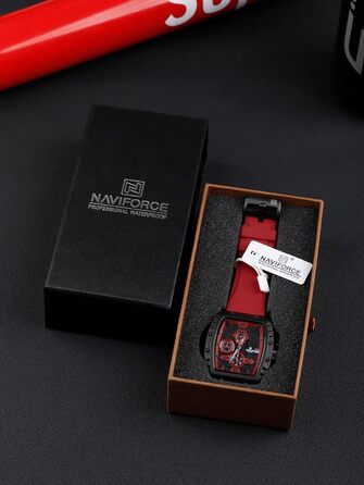 Чоловічий кварцовий годинник Naviforce з автом. датою та індикатором тижня, аналоговий, чорний+червоний+червоний