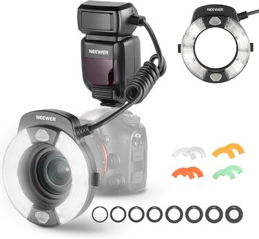NEEWER RF1-S Макро спалах кільцеве світло для Sony камери, 76W, GN15, 5600K, TTL, 1-1/128, передня/задня синхронізація, кольорові гелі, об'єктивні адаптери, кільця для макрофотографії та студійних фото