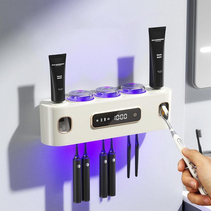 Організатор для ванної кімнати: тримач для зубних щіток, електричний диспенсер для зубної пасти, прес для тюбиків, 2 диспенсери для пасти з 6 слотами для щіток та 3 чашками (білий)
