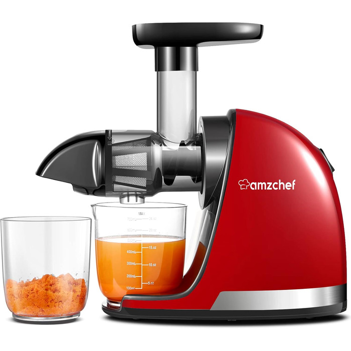 AMZCHEF Juicer for Vegetables and Fruits - Test Winner - Slow Juicer with Reverse-Mastication Function - Gentle Crushing Without Filtering - Electric Juice Press with Brush and 2 Cups - Cherry Red