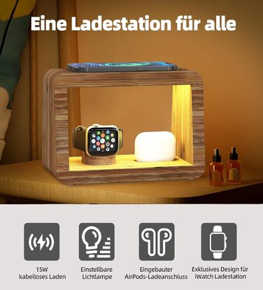 Багатофункціональна заряджна станція 5-в-1 з бездротовим зарядним пристроєм, світлодіодним нічником та годинником, бамбукова, сумісна з Apple Watch, AirPods, Samsung Galaxy та іншими пристроями