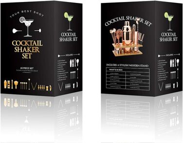 Sovyime Cocktail Set Cocktail Shaker 750ml Bartender Set, 16-Piece Stainless Steel Bar Cocktail Accessories with Wooden Stand, Perfect Home Kitchen Gift for Men Women