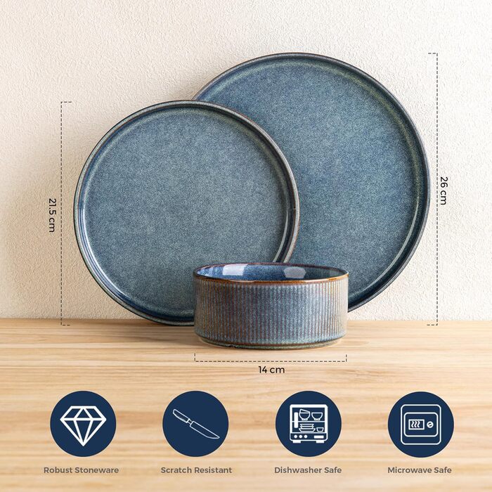 Набір посуду GBhome з каменю, 24 елементи, ручна робота, для 6 осіб, стійкий до миття в посудомийній машині та мікрохвильовій печі, керамічний посуд, блакитний колір