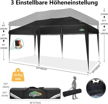 COBIZI Pavilion 3x3 Waterproof Folding Pavilion with 4 Side Panels, Outdoor Folding Pavilion, Stable UV Protection 50+, Pop-Up Garden Pavilion, Party Tent for Outdoors, Garden, Party, Wedding, Market (Black, 3x6m)