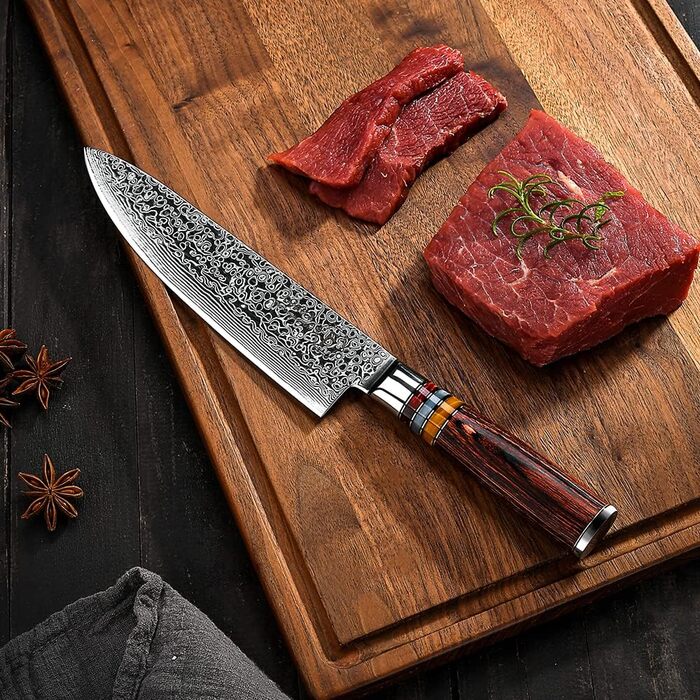 Професійний кухонний ніж FANTECK Gyuto 20 см з дамаської сталі VG-10, 67 шарів, японський шеф-ніж із руків'ям з пакка-дерева у подарунковій коробці