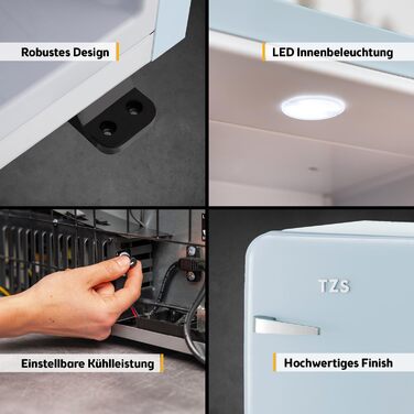 Холодильник мініатюрний TZS First Austria Retro 40L, блакитний. Безшумний, з підсвіткою та 2 полицями. Ідеально для кемпінгу, офісу, спальні, готелю.