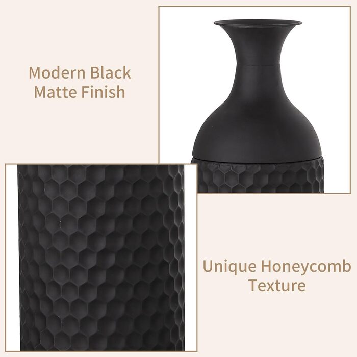 Vintage Black Tall Floor Vase Set of 3 - 68/51/41cm Metal Honeycomb Texture Matte Decorative Vase for Living Room, Dining Room, Bedroom, Office & Home Décor