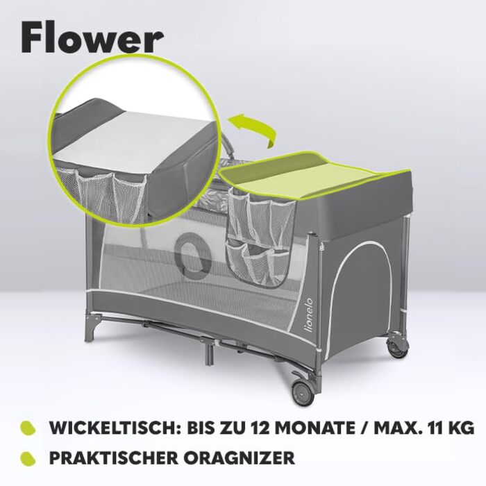 Дитяче ліжечко-манеж Lionelo Flower 4в1 з боковим входом, пеленатором, двома рівнями висоти, ігровою дугою, колесами та сумкою, світло-сірий