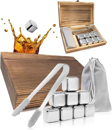 Камені для віскі Com-Four® з нержавіючої сталі - подарунчий набір (12 шт) з мішком та коробкою. Багаторазові камені для віскі, джину, тоніку та коньяку.