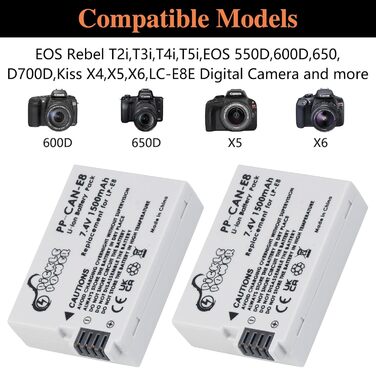 Запасний акумулятор LP-E8 (2 шт.) та швидкий зарядний пристрій Dual для Canon Rebel T2i/T3i/T4i/T5i, EOS 700D/550D/600D/650D, Kiss X5/X4/X6i/X7i