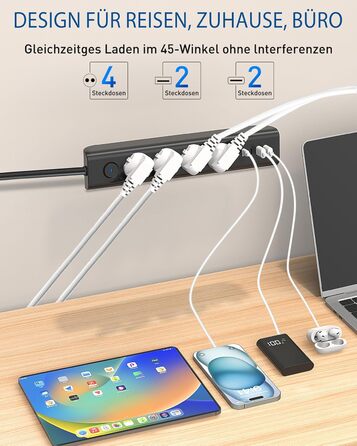 Многофункціональна мережева розетка 8 в 1 з USB, 3680W, з вимикачем, 16A, 2 USB-C, для смартфонів, ноутбуків, iPad, білий/чорний, 1.8м кабель