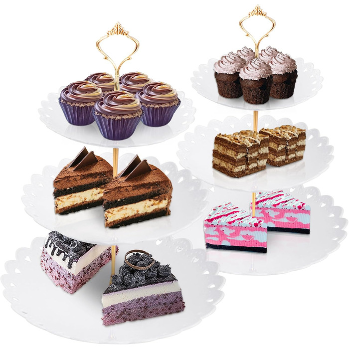 Трирівнева підставка для капкейків, десертів, фруктів та солодощів. Підходить для святкування: Весілля, День народження, Хрещення. Чорно-білий колір, пластик.