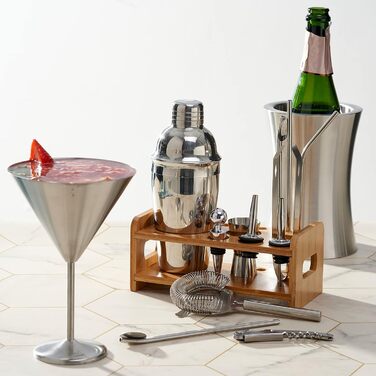 Професійний набір для приготування коктейлів Oak & Steel з нержавіючої сталі (13 предметів) з дерев'яним підставкою, рецептами коктейлів та шотів - аксесуари для бару