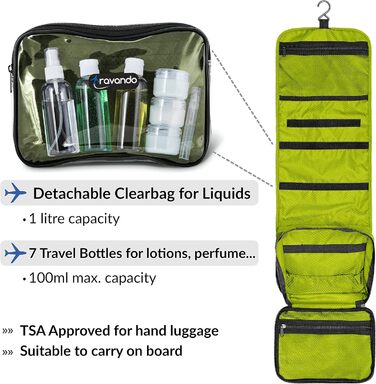 Чоловіча дорожня косметичка TRAVANDO з петлею, прозора, велика, для подорожей, зелена