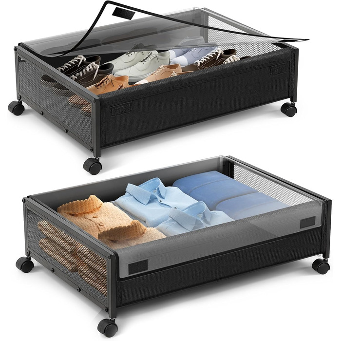 Підліжкова комода з колесами 2 шт., 48 л, ящик для зберігання під ліжком з кришкою та металевим каркасом, складана підліжкова коробка з колесами для одягу, постільної білизни, взуття, 48 л * 2, липучка
