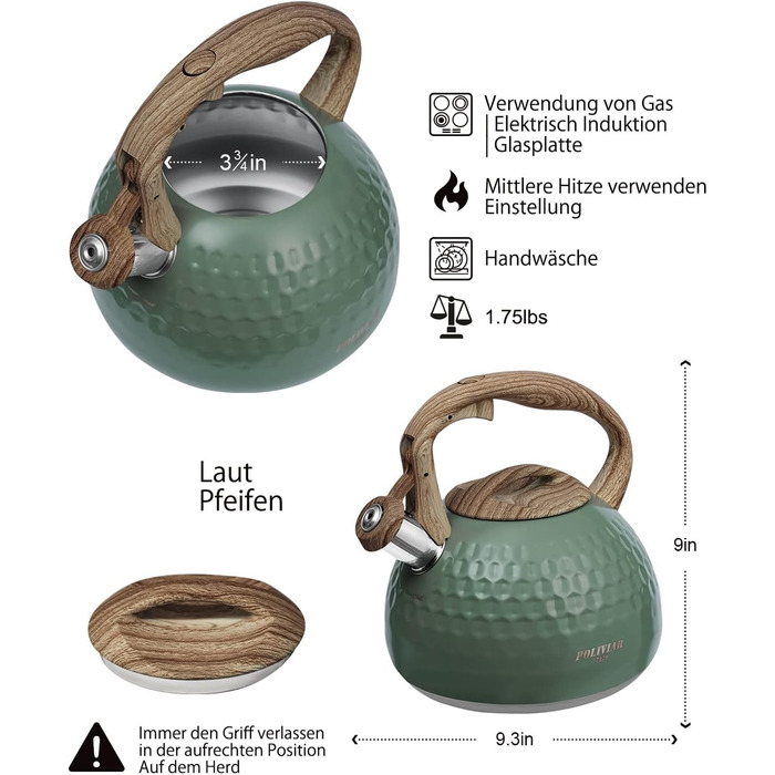 Чайник Poliviar Teekessel Diamant-Grün з нержавіючої сталі, стійкий до корозії та високих температур, підходить для всіх типів плит (JX2020-RH30-DE)