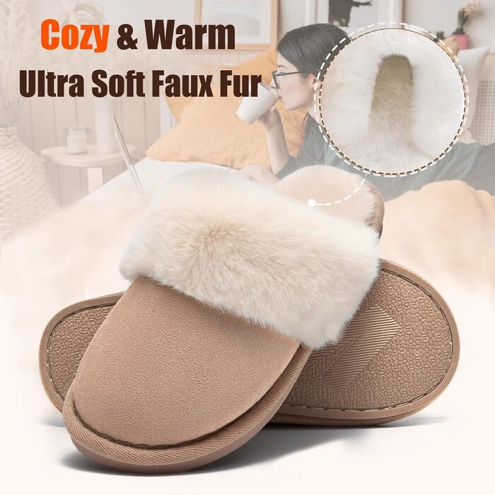 Тапочки домашні жіночі та чоловічі зимові з пам'яттю, м'які, теплі, неслизькі, зручні, плюшеві, для дому та вулиці, 38.5/40 EU, світло-коричневі