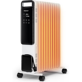 Pro Breeze 2500W Oil Radiator with 11 Fins, Electric Heater - Energy-Saving Oil Radiator, 3 Heating Levels, Adjustable Thermostat, 24h Timer, Touch Display & Safety Shut-Off Function White - No App