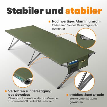 Розкладне ліжко для кемпінгу 210x80x60 см, стабільне, з кишенею, 200 кг, для відпочинку на природі, в саду, в подорожах, вдома (зелене)