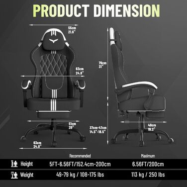 Геймерське крісло Ferghana Ergonomic з підтримкою спини, голови та підставкою для ніг - чорно-біле