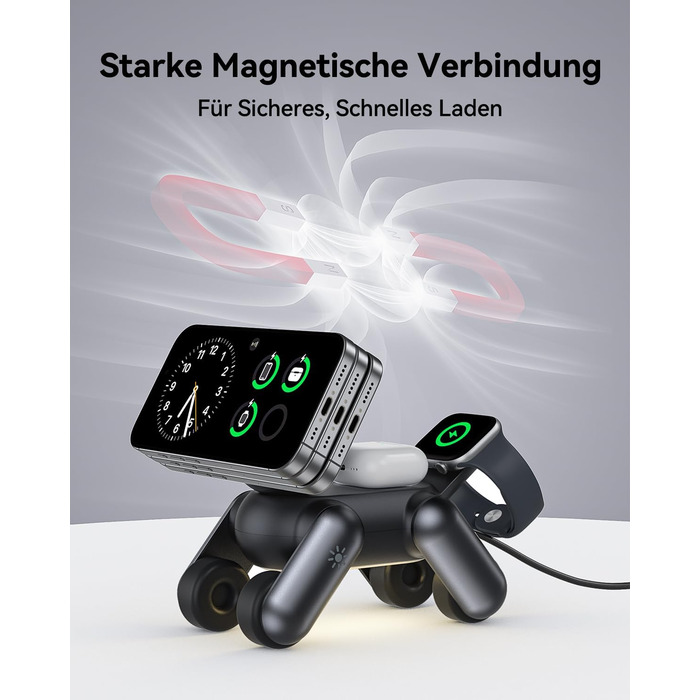 Зарядна станція 3-в-1 для Apple Watch, iPhone 17e/Air/17/16/15/14/13/12, AirPods Pro/2/3 з нічником, чорна. MagSafe сумісність.