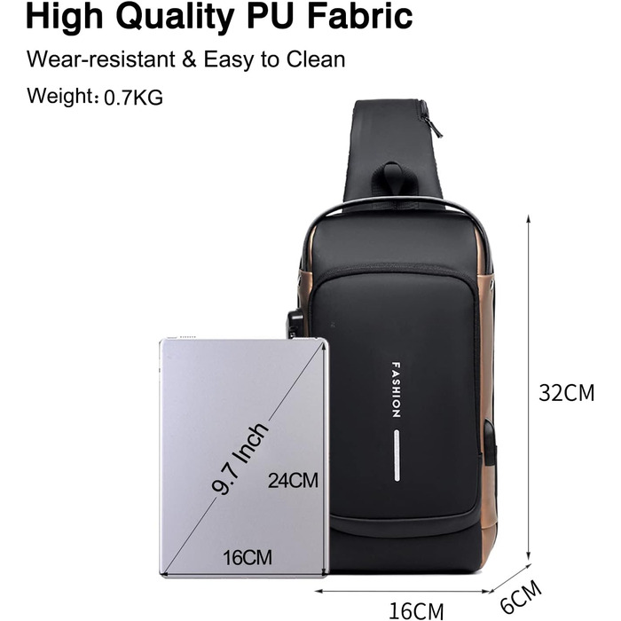 Сумка через плече FANDARE 2026 з USB-зарядкою, захистом від пароля та водонепроникним матеріалом. Ідеальна для подорожей, прогулянок та роботи - чорна/коричнева.