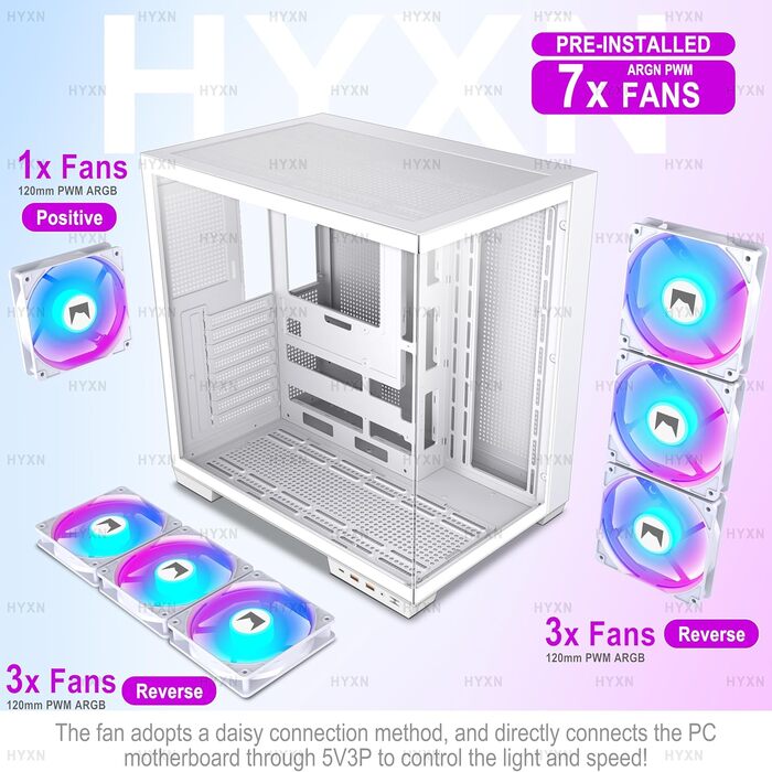 Корпус для ПК HYXN H1 ATX з 7 вентиляторами PWM ARGB, Mid Tower, Dual Chamber, Type-C, підтримка 3x360 мм кулерів (білий)