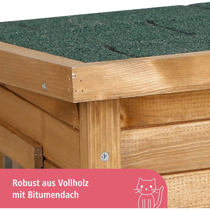 Дім для котів Kerbl Rustica з дерева, маятникова двері з ламелями, вікна з плексигласу, регульовані пластикові ніжки, коричневий/зелений, 57 x 45 x 43 см