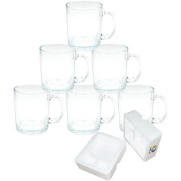 MR.R 11oz Sublimation Blanks Glass Clear Transparent Mug, Coffee Cups with Handle for Heat Transfer Thermal Coatings, Set of 6