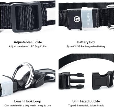 LED нашийник для собак, перезаряжається, вологостійкий, 7 кольорів, регульований, для малих та великих собак, 8 режимів, чорний, M (38-50 см)