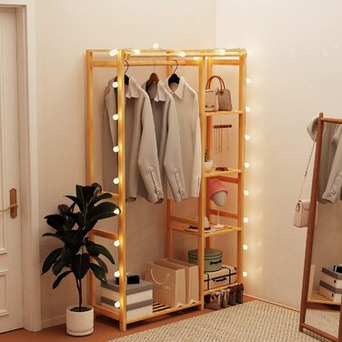 Bamboo Clothes Rack, Coat Stand with Shelves, Laundry Rack with Curtain and Clothes Rail, 90x30x146.6cm