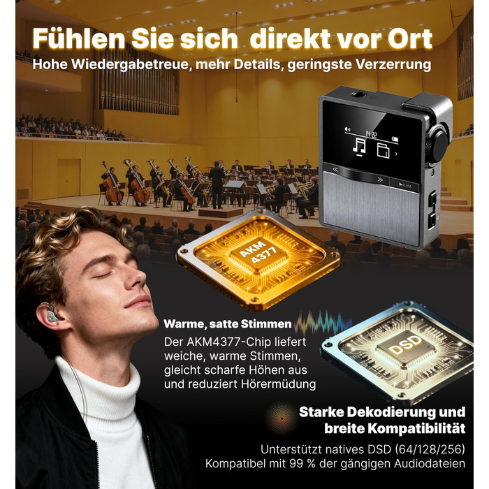 MP3-плеєр Hmusic P68 HiFi з кліпсою, Bluetooth, 16GB + карта пам'яті 128GB, підтримка DSD, Hi-Res аудіо