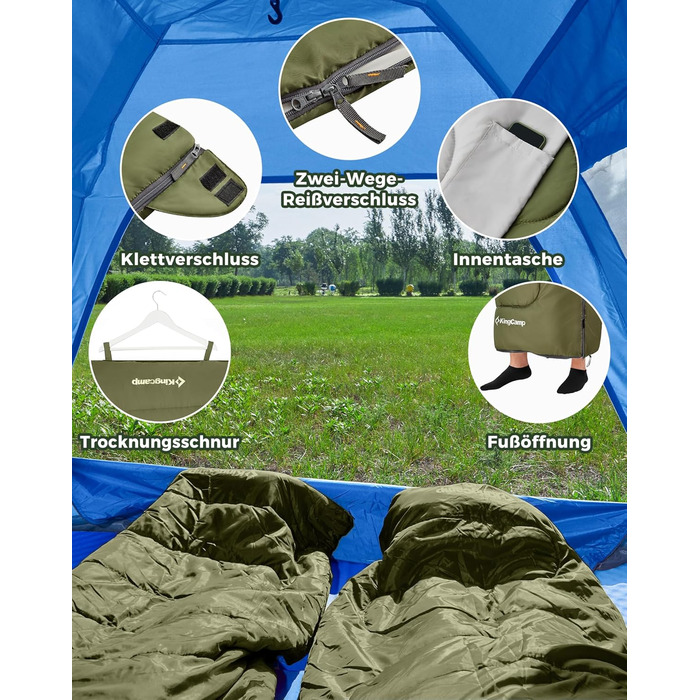 KingCamp 3-Season Sleeping Bag - Lightweight, Waterproof & Warm for Adults & Kids - Camping & Outdoor Sleeping Bag (Olive Green)