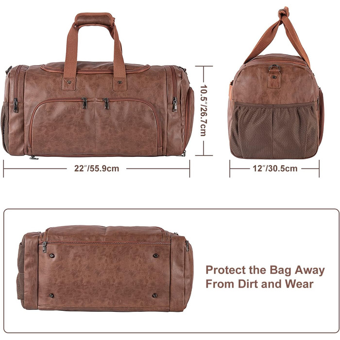 Duffle bag with shoe bag, overnight bag, leather oversized weekend bag, large carry-on bag, duffel bag for women and men ([H]brown)