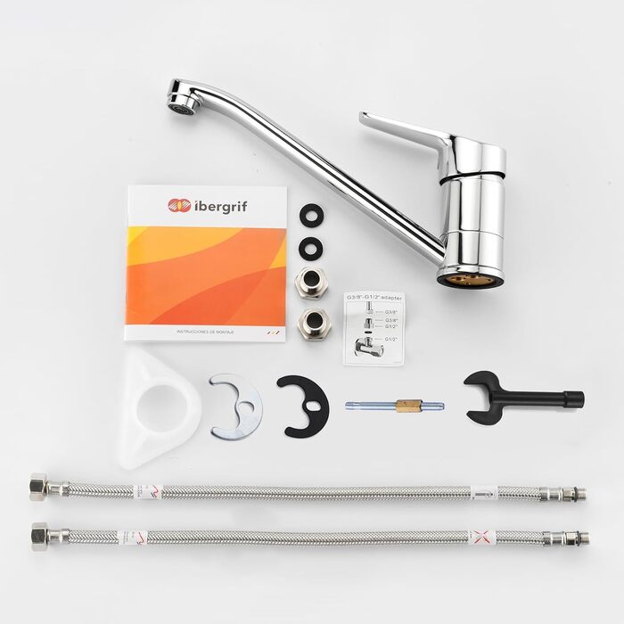 Змішувач для кухні Ibergrif M14450 з поворотним виливом 360°, керамічною картриджі та шлангами 40 см, хром/нержавіюча сталь