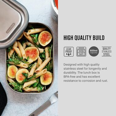 Ланчбокс BLACK+BLUM з нержавіючої сталі 600 мл, помаранчевий, 3-в-1, вакуумна кришка, герметичний, з гофелем, силіконовою стрічкою та роздільником, підходить для духовки й морозильної камери, 20x14x6 см, контейнер для їжі з відсіками