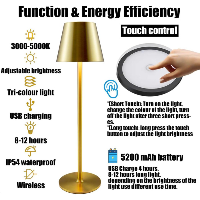 Акумуляторна настільна лампа Vollmetall (2 шт) LED, бездротова, 3 режими світла, сенсорне керування, золота. Лампа на стіл для їдальні, спальні, готелю
