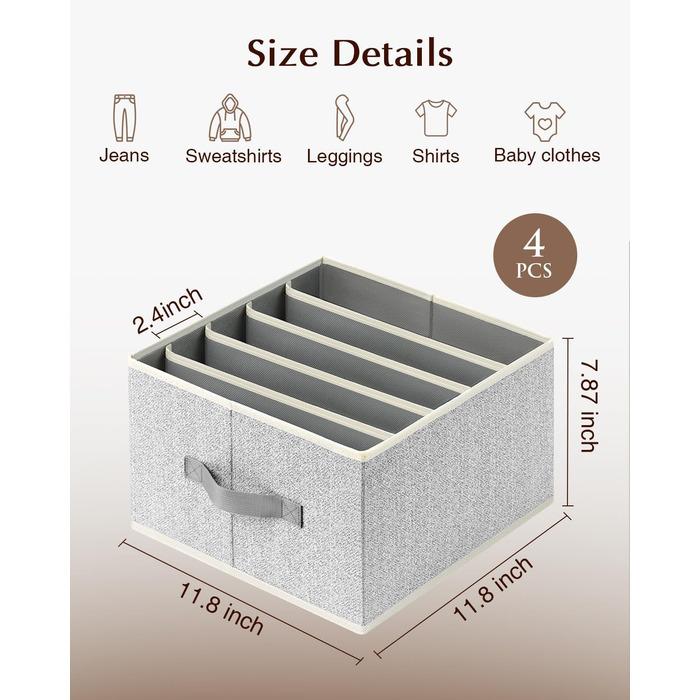 4 Piece Drawer Organizer, Jeans Closet Organizer, Foldable Storage Box with Compartments for Storing Clothes, Jeans, Shirts, Blankets, Underwear