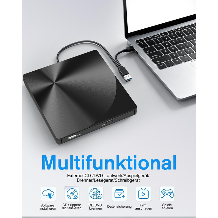 Зовнішній USB 3.0 та USB-C CD/DVD привід varkda для ноутбука та ПК, портативний DVD-плеєр та записник (RW/ROM), сумісний з Windows, macOS, Linux, чорний