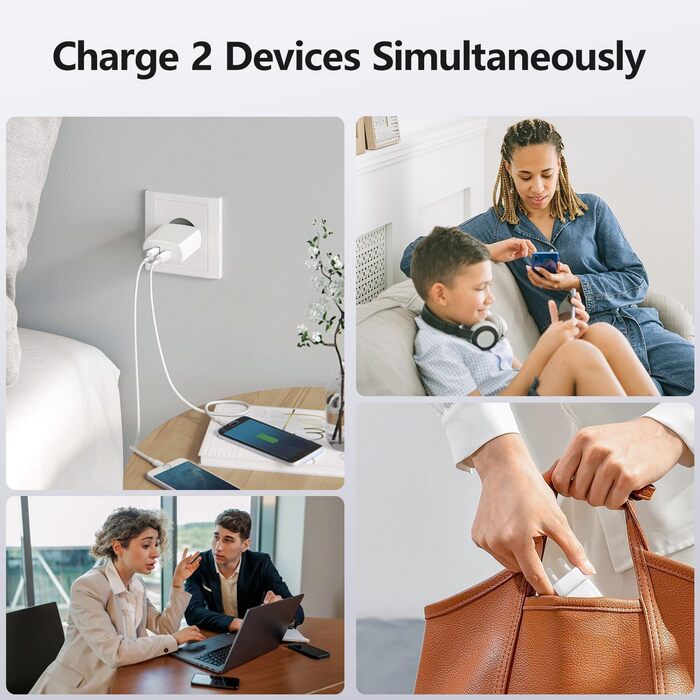 Швидкий зарядний пристрій Envircell USB-C GaN 30W з 2 портами (USB-C та USB-A), PD 3.0, білий. Сумісний з iPhone, Samsung та іншими телефонами.