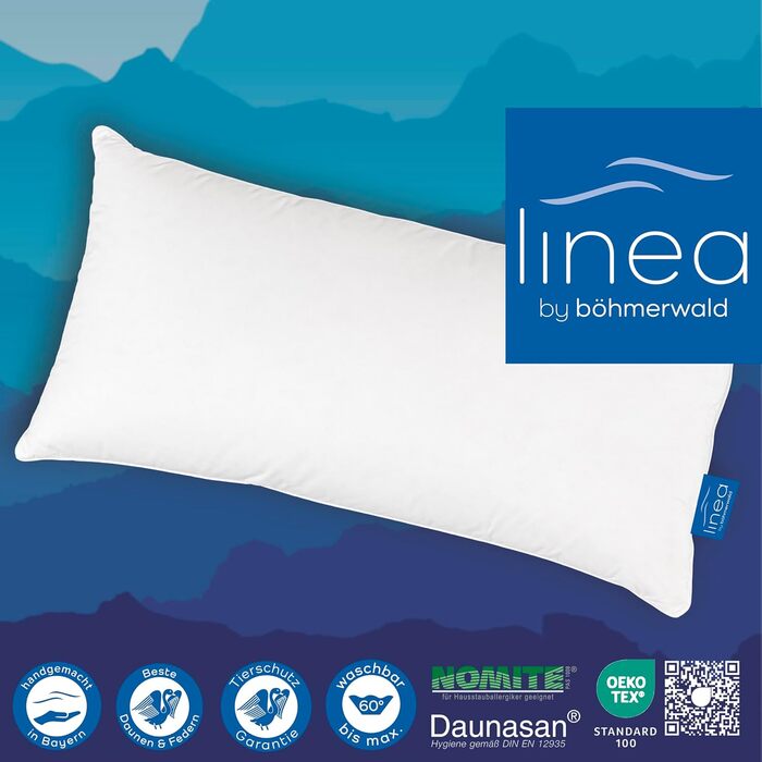 Подушка LINEA by böhmerwald, 40x80 см, 85% пухові пера, 15% новий пух, гіпоалергенна, для алергіків, вироблено в Німеччині, преміум якість, придатна для прання до 60°C