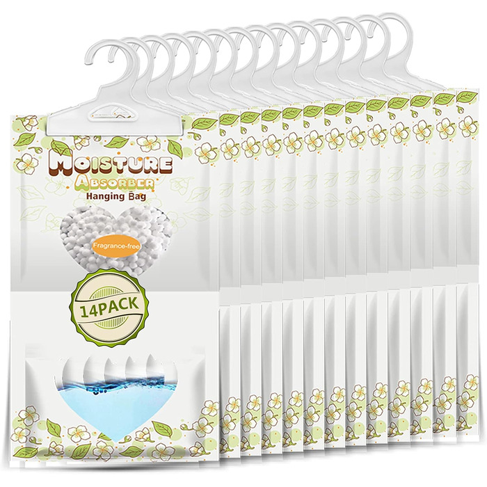 ZSPENG 14-Piece Moisture Absorber & Max Odor Eliminator Hanging Bags, 220g Fragrance Free Dehumidifying Bags for Closets, Basements, Laundry Rooms, Storage Rooms