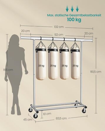 SONGMICS Clothes Rack on Wheels, Heavy-Duty Garment Rack, Extendable Clothes Rod, Load Capacity up to 100 kg, Easy Assembly, Portable, Silver HSR13S